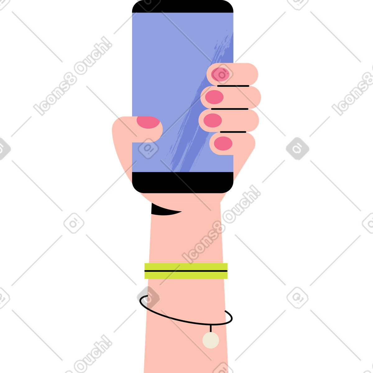 Weibliche hand, die handy mit leerem blauem bildschirm hält-Illustration im Juicy-Stil als Download in PNG, SVG