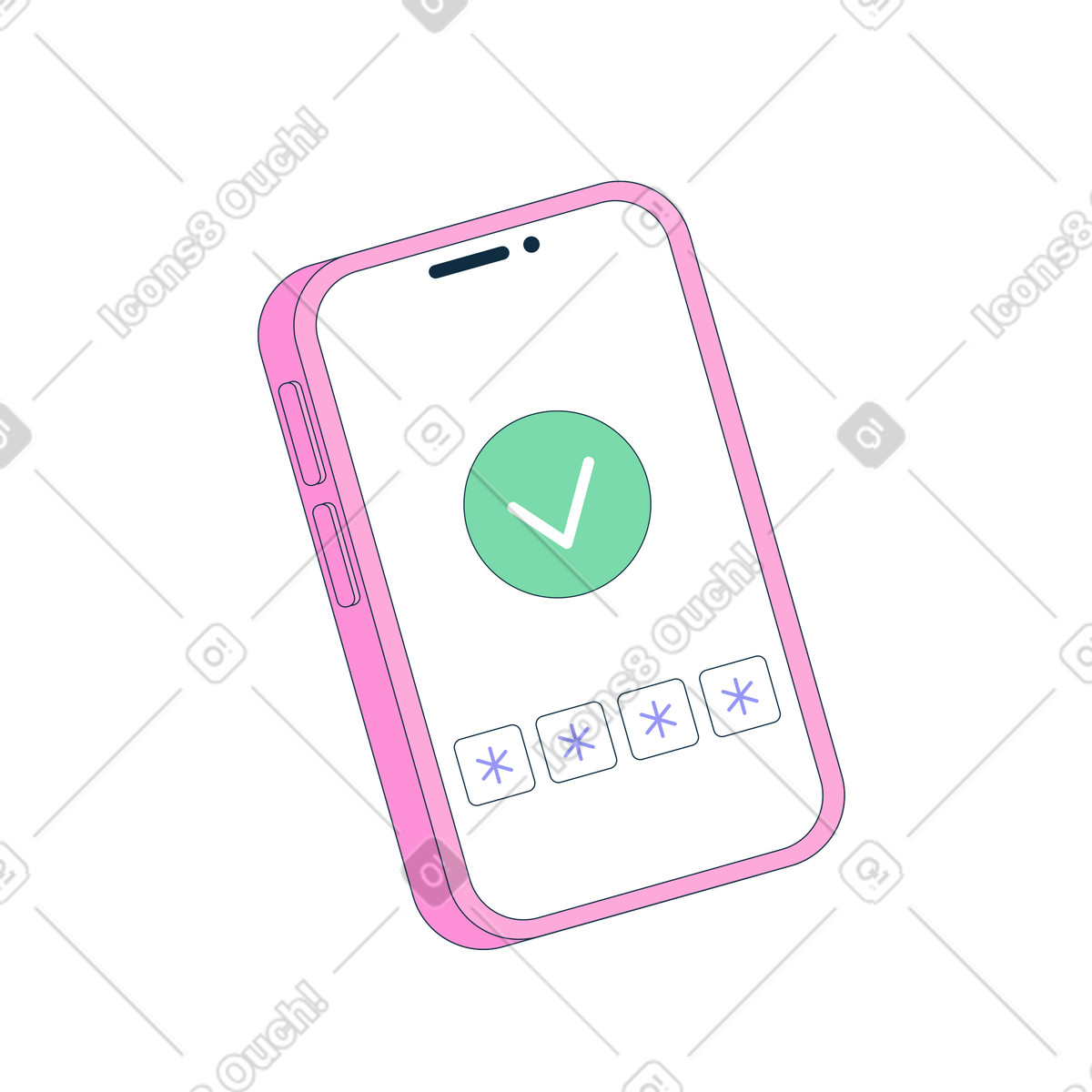 Pink phone and circle with check mark inside animated illustration in GIF, Lottie (JSON), AE