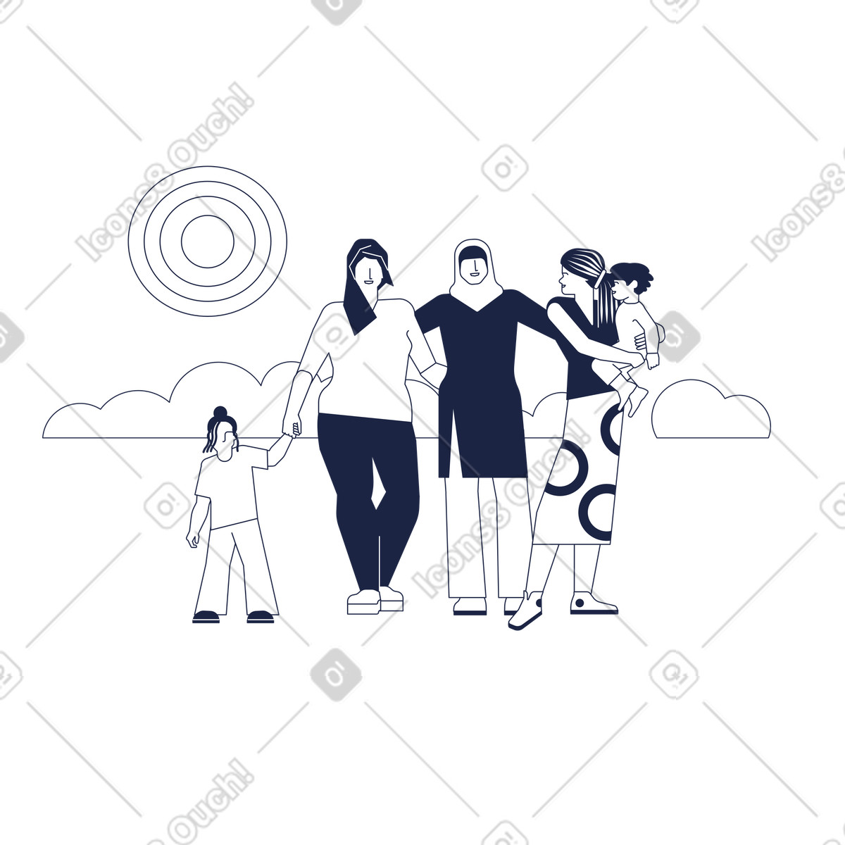 Illustration Mères africaines avec enfants dans le style Urban Line à télécharger aux formats PNG, SVG