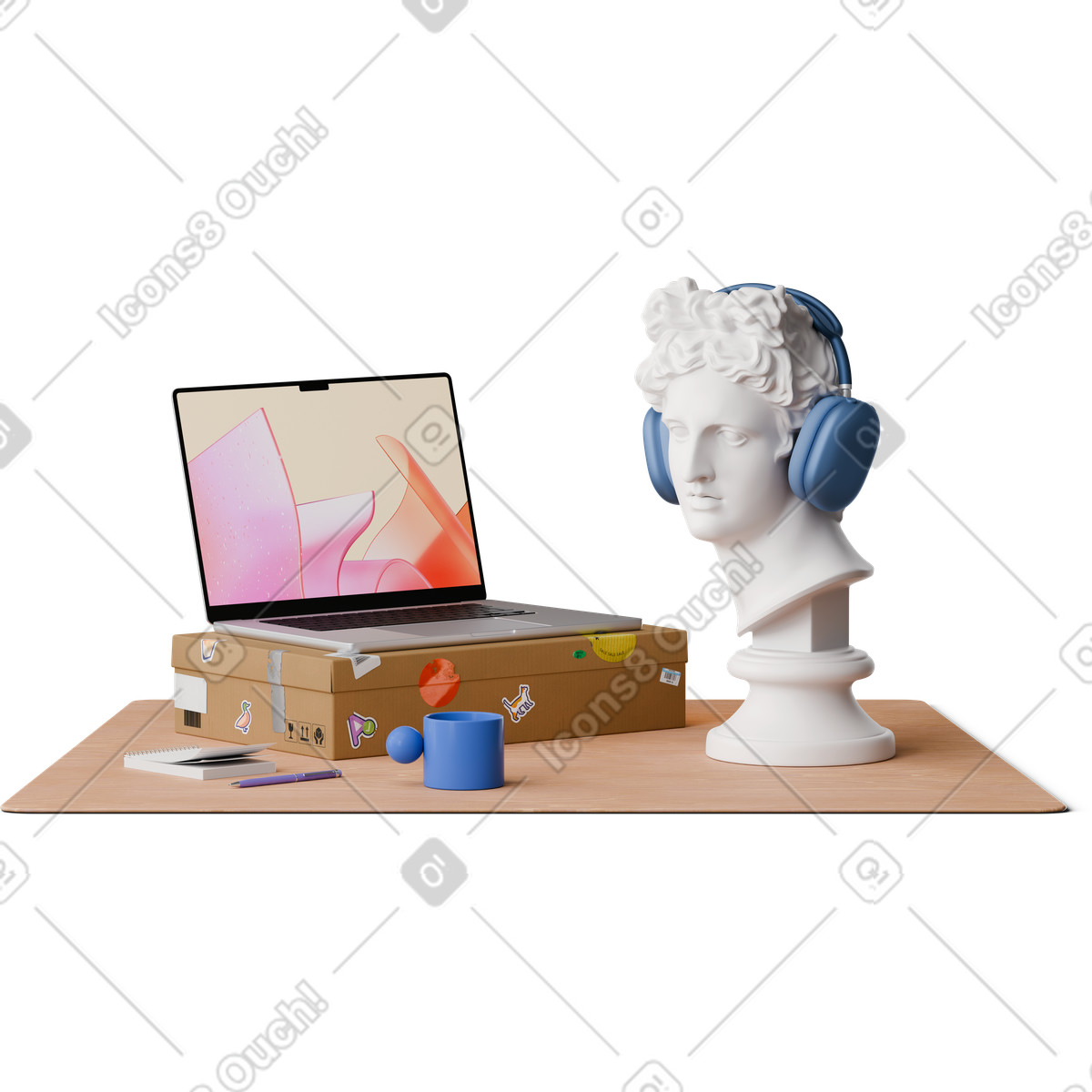 Illustration Front view of laptop with notes and apollo head dans le style 3D Hygge à télécharger aux formats PNG, SVG