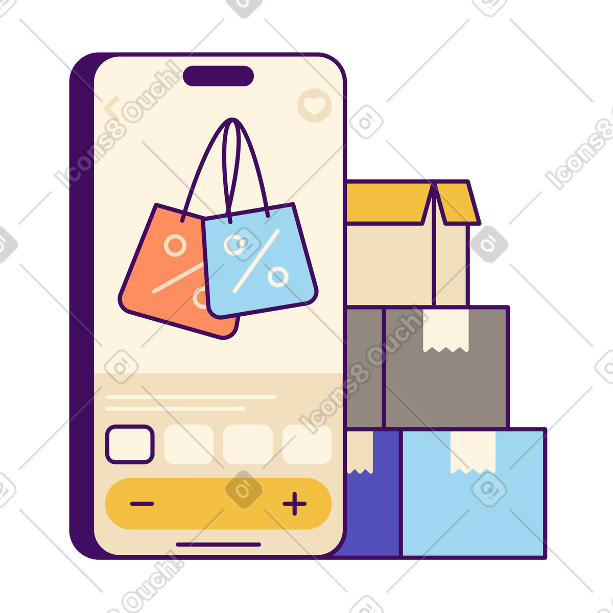 Smartphone with shopping app, Online purchasing or retail technology illustration in Simplistic style download in PNG, SVG