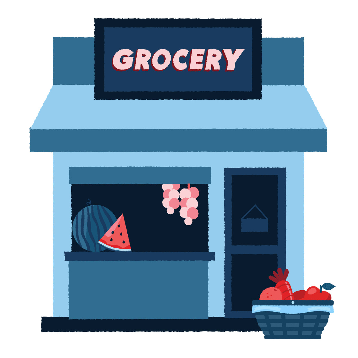 Illustration Grocery store with fresh fruits and vegetables dans le style Cherry à télécharger aux formats PNG, SVG