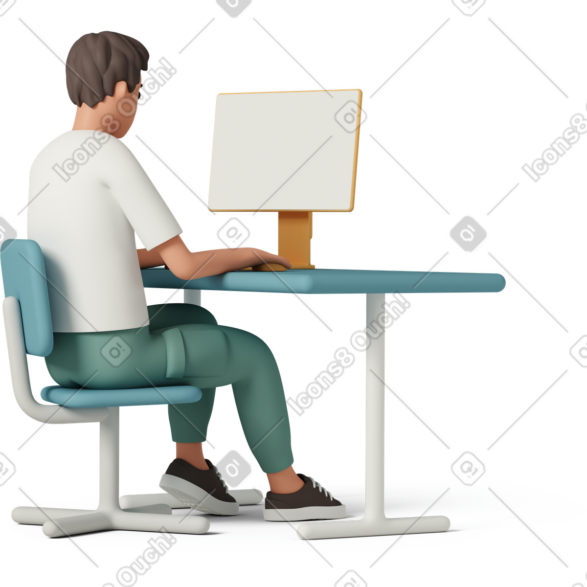 下载 3D Casual life 风格的 Three-quarter back view of man working on computer 插画，支持 PNG、SVG 格式