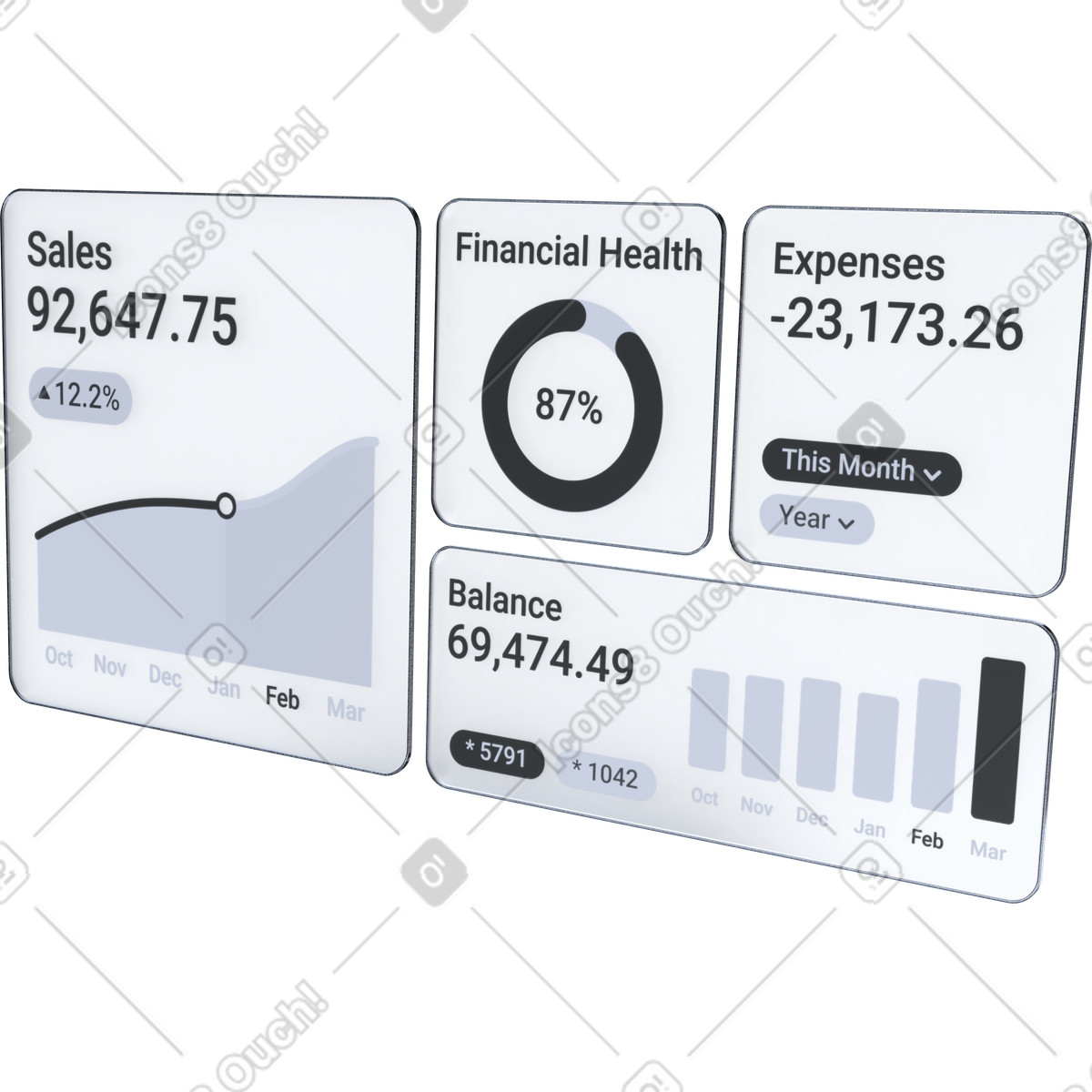 Financial analytics dashboard, Business performance metrics, Sales and expense reporting illustration in 3D Pro style download in PNG, SVG