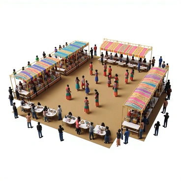 A vibrant cultural festival taking place in an open outdoor space. Stalls adorned with colorful textiles display various traditional crafts, including handmade jewelry and woven baskets. Groups of performers in traditional attire engage in lively dances on a stage, showcasing intricate choreography. They wear bright costumes that reflect the cultural heritage being celebrated, with patterns and colors symbolizing their traditions. Spectators of diverse backgrounds gather around, enjoying the performances and interacting with artisans at the stalls. Bright banners and decorative elements enhance the festive atmosphere, emphasizing the support from a cultural fund.