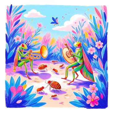 A band of insects is performing in a lively outdoor concert setting. The lead insect, a vibrant green grasshopper, is playing a shiny trumpet. To its side, a small, brown beetle is energetically strumming a guitar with colorful patterns on its body. A blue dragonfly is hovering above, playing a pair of cymbals with precision. In the background, a group of ants is gathered, clapping and dancing to the rhythm. Surrounding the scene, there are lush green leaves and colorful flowers, adding to the festive atmosphere. The sky is clear with a few fluffy clouds scattered across.