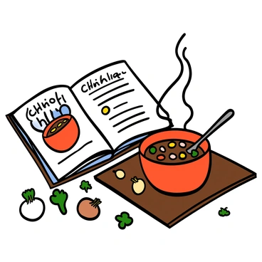 An open cookbook with a colorful illustration of a chili recipe on one page. The text includes the title "Chili Recipe" in bold letters. Next to the cookbook, there is a steaming bowl of chili, with visible chunks of meat, beans, and vibrant red peppers. The bowl is placed on a wooden table, and a spoon is resting beside it. There are scattered ingredients, like chopped onions and cilantro, around the scene, adding to the cooking atmosphere.