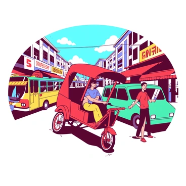 A vibrant red rickshaw is weaving through a busy street filled with various vehicles. Surrounding the rickshaw, there are yellow cars and teal buses in motion, creating a dynamic scene. People are walking along the sidewalks, some pausing to look at the rickshaw. Brightly colored shop signs and awnings line the street, adding to the lively atmosphere of the scene. The sky above is a clear blue, making the colors of the street pop even more.