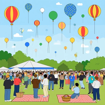 A wide outdoor scene showcasing a vibrant balloon festival. The sky is filled with dozens of colorful balloons in various shapes and sizes, including round balloons in bright red, blue, yellow, and green. Some balloons are patterned with stripes and polka dots, while others have unique shapes like animals or stars. Below, a crowd of people with diverse appearances is enjoying the festival, some pointing up in excitement while others are taking pictures. In the foreground, a picnic area is set up with checkered blankets and baskets filled with food. Trees can be seen in the distance, and the sun is shining brightly, creating a cheerful atmosphere.