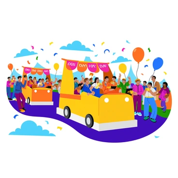 A lively parade scene illustrated in Ibis Paint, with floats, musicians, and excited crowds.