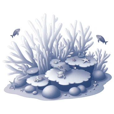 A coral reef viewed from a fish-eye lens perspective. The reef structure is intricate, showcasing various coral formations branching outwards in different shapes and sizes. Numerous fish species swim among the corals, including small schools of fish and larger ones darting in and out. The scene is bustling with marine life, including sea turtles gliding gracefully and starfish resting on the reef surface. Light filters through the water, creating patterns on the coral and enhancing the liveliness of the underwater ecosystem.