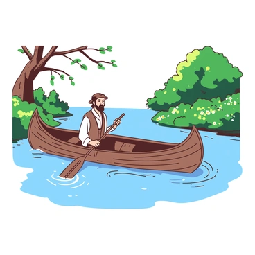 A figure resembling "Candide" is sitting in a small wooden boat as it travels down a gentle river. The boat is crafted from rich brown wood with visible grain, and it has a simple design, floating peacefully on the water. The river's surface is reflecting soft light, creating a calm atmosphere. Flanking the riverbanks, there are lush green trees with branches reaching towards the water, and patches of colorful flowers can be seen interspersed among the foliage. In the boat, "Candide" is holding a paddle, dressed in period-appropriate clothing that looks worn but comfortable. The scene conveys a sense of quiet adventure and exploration.