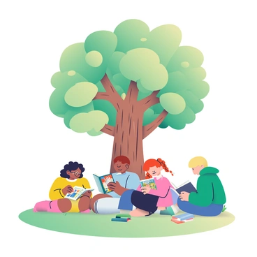A group of four children is sitting in a circle on a grassy patch, reading books. The first child, a girl with curly black hair, is wearing a yellow dress and is deeply engrossed in a fairy tale. Next to her, a boy with straight brown hair and glasses is in a blue t-shirt, flipping through the pages of a comic book. Across from them, another girl with braided red hair is wearing a pink sweater and is excitedly sharing a story from her colorful picture book. Beside her, a boy with short blonde hair, dressed in a green hoodie, is reading an adventure novel. Above them, a large, intricate 3D tree with textured bark and vibrant green leaves casts playful shadows over the children, creating an inviting and cozy atmosphere for reading.