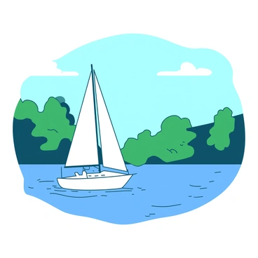 A white sailboat is gliding gracefully across a serene lake. The water's surface is smooth, reflecting the sky. In the background, there is a clear blue sky with a few wispy white clouds. The boat has its sails unfurled, catching a gentle breeze as it moves steadily. Surrounding the lake are lush green trees, creating a peaceful natural setting.