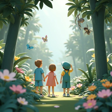 A group of three children, one wearing a blue t-shirt and shorts, another in a red dress, and the third in a green hat and overalls, are exploring a lush rainforest. The dense foliage surrounds them, with various vibrant flowers in shades of pink, yellow, and orange blooming everywhere. A colorful butterfly with bright blue and orange wings flutters nearby, while a small, curious monkey hangs from a low branch, watching the children. Sunlight filters through the tall trees, casting dappled light on the forest floor, which is covered with rich green moss and scattered with fallen leaves.