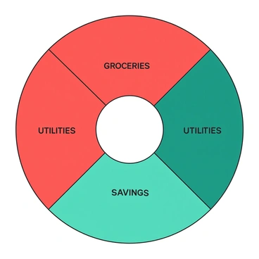 A circular color wheel divided into segments, with each segment labeled with different budget categories. The wheel features alternating segments in red and teal. Each category is clearly printed in black text in the center of its respective segment. Categories include "Groceries," "Utilities," "Entertainment," "Savings," and "Housing." The sections are evenly sized and arranged around the wheel, creating a clear and organized appearance. The background of the wheel is white, providing a sharp contrast to the vibrant colors of the segments.