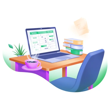A cozy office setting with a cup of coffee and a trial balance spreadsheet open
