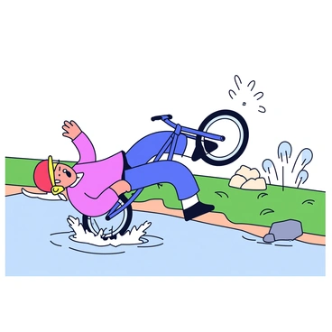 A cyclist tumbling near a riverbank, with water splashing up