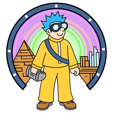 A cartoon time traveler with spiky blue hair and a bright yellow outfit stands in front of a swirling, colorful portal. The portal glows with hues of purple, green, and orange, suggesting a passage through different eras. The time traveler has a pair of oversized goggles resting atop their head and holds a futuristic-looking device in one hand. In the background, various iconic landmarks from different eras can be seen: a pyramid from ancient Egypt, a medieval castle, and a futuristic city skyline. The traveler looks excited and curious, ready to step into the portal and explore the adventures that await.