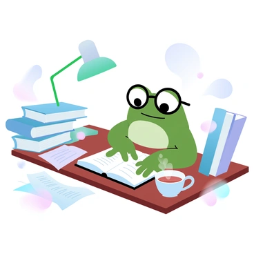 A studious-looking frog with big glasses is sitting at a wooden desk. The desk is cluttered with various books stacked high and scattered papers. There is a green desk lamp shining a soft light over a notebook that is open in front of the frog. The frog is surrounded by a few additional books standing upright, and a steaming cup of tea is sitting nearby.