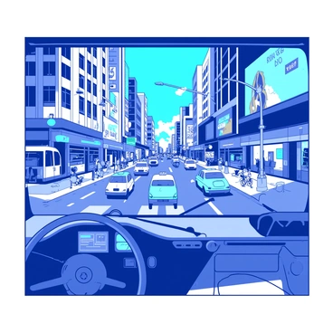 A view from the perspective of a bus driver looking out through a large windshield at busy city traffic. In the foreground, the bus dashboard is visible, with various controls and a small digital display. Outside the windshield, multiple vehicles including cars, taxis, and bicycles are scattered throughout the scene, creating a sense of hustle. The city streets are lined with tall buildings, showcasing bright advertisements and storefronts. People are walking on the sidewalks, some waiting at bus stops, while the sky above is a deep shade of blue, contrasting with the vibrant activities below.