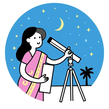 An Indian woman, dressed in a traditional red sari adorned with intricate golden patterns, stands beside a sturdy telescope mounted on a tripod. She has long black hair tied back and is gazing through the telescope with a look of concentration. The night sky above is filled with countless stars, twinkling brightly against the deep blue backdrop. A crescent moon is visible, casting a soft glow across the scene. The woman holds a star chart in her other hand, referencing the constellations that surround her. In the distance, silhouettes of palm trees can be seen against the horizon.