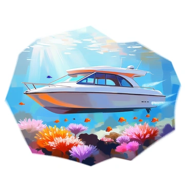 A glass-bottom barge vessel is gliding smoothly above a vibrant coral reef underwater. The vessel features a spacious glass bottom that allows for clear visibility of the colorful marine life below. Brightly colored corals in shades of pink, orange, and purple are swaying gently with the currents. Schools of small, tropical fish in vivid hues swim among the corals, creating a lively scene. Sunlight filters through the water’s surface, casting shimmering patterns on the vessel's glass bottom, while a few curious fish dart close to the edges.