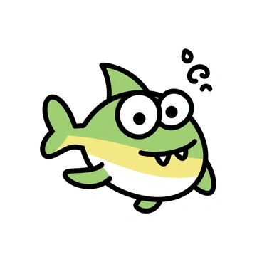 A piranha character, featuring bright colors like green and yellow, with large, friendly eyes and a wide smile. The piranha has a round body, with exaggerated fins and a playful pose, as if it's ready to greet the reader. Its sharp teeth are visible, but they are not menacing. The background is simple, perhaps with a few cartoonish plants or bubbles, to emphasize the piranha's cheerful demeanor.
