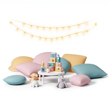 A cozy sleepover scene with juice boxes, pillows, and fairy lights all around.