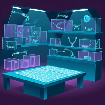 A dimly lit secretive lair filled with an array of crates stacked haphazardly against the walls. The room is cluttered with exotic weaponry, including intricate crossbows, futuristic firearms, and ornate daggers, all meticulously arranged on shelves. Shadows dance across the walls, creating an atmosphere of intrigue. A large table at the center is covered with blueprints and schematics for advanced weapons designs. In one corner, a high-tech surveillance system is monitoring the surroundings, contributing to the air of secrecy in the lair.