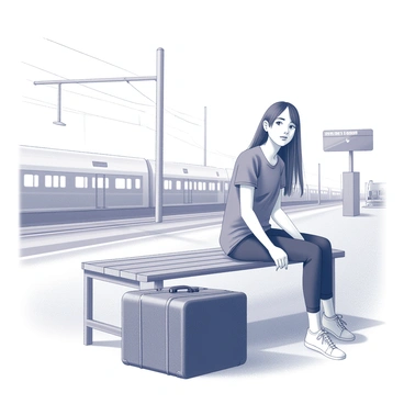 A girl is sitting on a wooden bench at a deserted train station. She has a thoughtful expression on her face as she gazes into the distance, lost in her thoughts. Next to her, there is a large, vintage suitcase resting on the ground, its leather surface slightly worn. The train station is empty, with a few platform signs and a distant train track visible in the background. The atmosphere is quiet and still, emphasizing the feeling of waiting and anticipation.