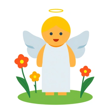 A child wearing a white angel costume with wings, playing among flowers and greenery in a church garden.