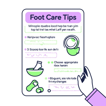 An informative poster titled "Foot Care Tips" is displayed on a wall in a doctor's office waiting area. The poster features several key points about maintaining foot health, each in a clearly defined section. At the top, there is a large heading with the words "Foot Care Tips" in a bold font. Below, various tips are listed, such as "Keep your feet clean and dry," "Choose appropriate footwear," and "Regularly check your feet for any changes." Accompanying illustrations show a foot soaking in a basin, a selection of shoes, and a magnifying glass inspecting a foot. The background of the poster is simple and unobtrusive, ensuring the focus remains on the information presented.
