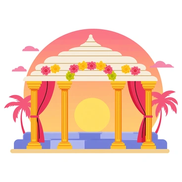 A mandap featuring intricate floral decorations and golden pillars stands prominently. The mandap is adorned with vibrant marigold garlands and silk drapes in shades of red and gold. The sky behind the mandap displays a gradient of orange and pink hues, indicating a stunning sunset. Silhouettes of palm trees can be seen at the edges, and gentle clouds are scattered across the sky, reflecting the warm colors of the sunset.