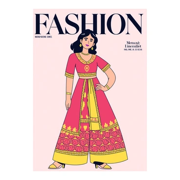 A fashion magazine cover featuring a model wearing a vibrant lehenga with intricate patterns and embellishments. The lehenga has a rich color palette with gold and deep red tones. The model poses confidently with a graceful expression, her hair styled in loose waves. Bold headlines are prominently displayed at the top of the cover, with a striking font that captures attention. The magazine's logo sits neatly in one corner, complementing the overall design. The background is a soft, neutral color to ensure the model and lehenga stand out.