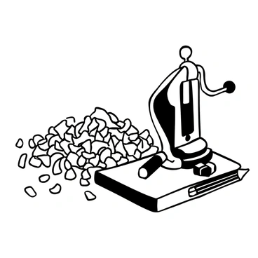 A pile of pencil shavings scattered on a flat surface next to a manual pencil sharpener. The sharpener is metallic with a crank handle, showcasing its intricate details. Some shavings are tightly wound while others are loose, creating a varied texture. A couple of sharpened pencils are positioned beside the sharpener, hinting at recent use.