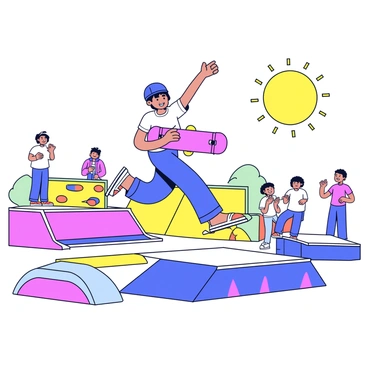 A young person with a bright red skateboard is performing tricks at a lively skate park. They are wearing a blue helmet and a white t-shirt paired with denim shorts. The skateboarder is mid-air, executing a kickflip above a colorful ramp. Surrounding the skate park, there are various ramps and rails, with a group of onlookers cheering in the background. The sun is shining brightly, illuminating the vibrant colors of the skate park equipment.
