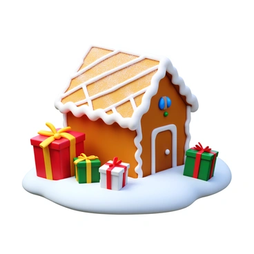 A gingerbread house with intricate icing details and colorful candy decorations. The house features a sloped roof covered in powdered sugar resembling snow. Surrounding the house are tiny wrapped Christmas gifts in various colors such as red, green, and gold, each adorned with ribbons and bows. The scene is set on a snowy white surface to enhance the festive atmosphere.