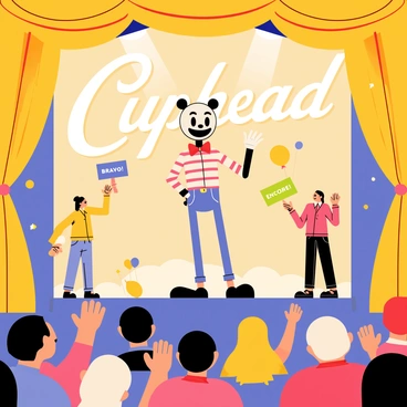 Cuphead is standing on stage in a vintage theater, wearing a red and white striped bow tie and a large smile. The stage is adorned with golden curtains and vintage spotlights shining down. In the background, a large "Cuphead" sign lights up, adding to the ambiance. The audience, composed of various cartoon characters, is clapping and cheering enthusiastically, with some characters holding up signs that say "Bravo!" and "Encore!" The atmosphere is lively, with balloons and confetti floating around in the air.