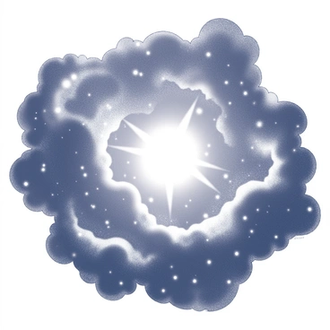 A cosmic scene depicting a nebula filled with swirling gases and dust. In the center, a bright star emerges, surrounded by glowing clouds and radiant light. The nebula features various intricate shapes and patterns, showcasing the dynamic nature of stellar formation. Small particles and stellar debris can be seen swirling around the new star, highlighting the chaotic yet beautiful process of star birth.