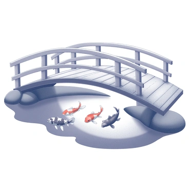 A small wooden bridge arches over a pond. The bridge is constructed of weathered wood, with railings on either side. Below the bridge, a koi pond is visible, featuring several koi fish swimming gracefully. The fish have distinct patterns and shapes, and they move fluidly through the water. The surface of the pond reflects the surrounding landscape, enhancing the serene atmosphere of the scene.