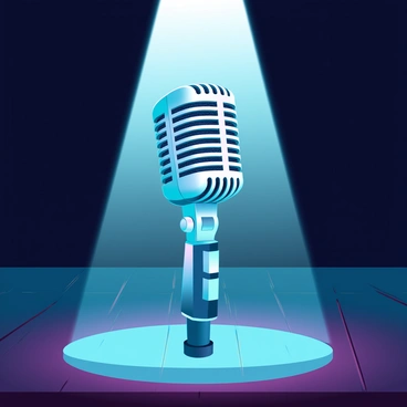 A classic metal microphone on a stage with spotlight