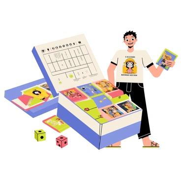 A neat illustration box filled with a variety of colorful "One Piece TCG" cards, showcasing different characters and artwork. The box is opened, revealing the neatly organized cards arranged by type and rarity. Beside the box stands a proud owner, a young person with a big smile, wearing a t-shirt featuring characters from the "One Piece" series. The owner is holding a card up, admiring it closely, while the background is filled with other gaming paraphernalia like dice and game mats.