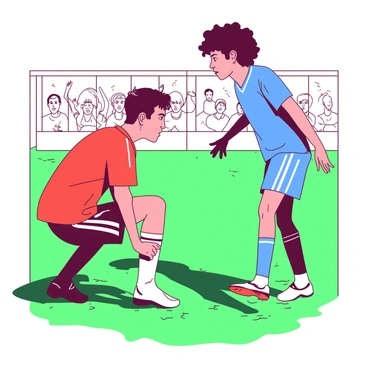 Two players from opposing teams are standing on a vibrant green field, both wearing contrasting jerseys; one player is in a red jersey while the other is in a blue jersey. The player in the red jersey has short black hair, and he is crouched slightly, eyes locked on his opponent. The player in the blue jersey has curly brown hair and is standing tall with an intense gaze, bracing himself for the challenge ahead. In the background, blurred outlines of cheering spectators are visible, creating an atmosphere of energy and anticipation. The sun casts sharp shadows on the ground, highlighting the determined expressions on both players' faces as they are ready to engage in competition.