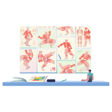 A large table is covered with numerous sketches of dynamic human anatomy. Each sketch shows detailed muscle structures, highlighting muscle groups in various poses. Some sketches depict a person running, emphasizing leg muscles, while others show a figure in a stretching pose, revealing back and arm muscles. In the background, there are anatomical diagrams pinned to a corkboard, showing the human skeleton and muscle attachments. A pair of graphite pencils and an eraser are placed on the table, alongside an open anatomy book with color illustrations. The scene is softly lit, creating a calm study environment.