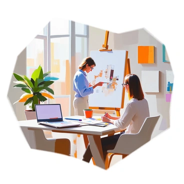 An artist with medium brown hair and wearing a casual blue shirt stands in a modern office. The artist is holding a portfolio filled with sketches and gesturing towards the illustrations, which are displayed on a sleek, minimalist desk. The client, a middle-aged woman with glasses, sits across from the artist, leaning forward with interest. The office features large windows allowing natural light to fill the space, and a few abstract art pieces adorn the walls, complementing the contemporary design. A potted plant is positioned in the corner, adding a touch of greenery to the scene.