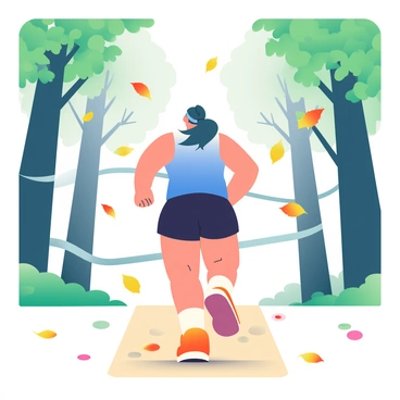 A jogger running through a forest path, leaves falling as they near the finish line
