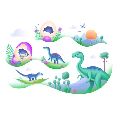 A modern pastel illustration depicting a series of events in the life of a dinosaur. The first scene shows an egg cracking open, with a small dinosaur peeking out. Surrounding the egg are soft green ferns and pebbles. The second scene features the young dinosaur, now fully hatched, taking its first steps on a grassy patch filled with vibrant flowers. In the third scene, the young dinosaur is playing with other small dinosaurs, all with colorful scales, in a sunlit meadow. The fourth scene shows the dinosaur growing larger, surrounded by trees, as it grazes on tall plants. The final scene presents the fully grown dinosaur standing proudly atop a hill, with a colorful sunset in the background and a flock of birds in the sky.