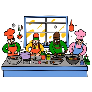 A kitchen filled with various cooking utensils and ingredients arranged neatly on the countertops. On one side, there are cartoon chefs with big eyes, wearing colorful hats and aprons, enthusiastically chopping vegetables and stirring pots. On the other side, illustrated chefs with distinct styles are skillfully sautéing ingredients in pans and measuring out spices. The background shows a large window with sunlight streaming in, illuminating the vibrant colors of the chefs' outfits and the food they are preparing. The atmosphere is lively and bustling with activity.