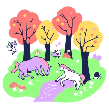 A vibrant forest filled with tall, colorful autumn trees. The trees have leaves in shades of red and gold, creating a canopy above. Among the trees, various magical creatures can be seen. A small fairy with delicate wings hovers near a tree trunk, while a unicorn grazes on the ground below. A gentle stream winds through the forest, with sparkling water reflecting the colors of the leaves. In the background, a group of mushrooms, shaped unusually, grows near the base of a tree, and a squirrel curiously peeks out from behind a bush.